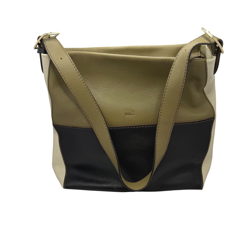 Furla Tri-Color Pebbled Leather Shoulder Bag Olive Green Black Cream Hobo Zip